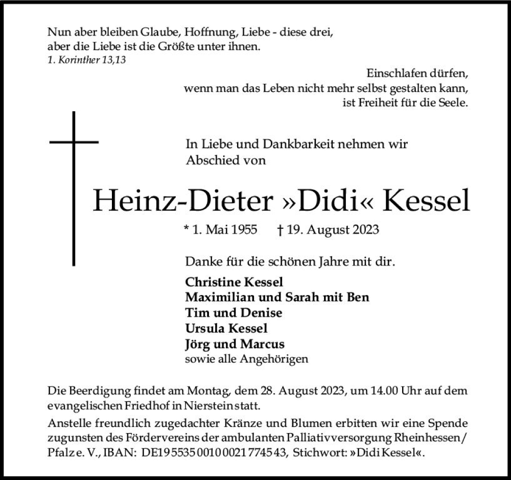  Traueranzeige für Heinz-Dieter Kessel vom 23.08.2023 aus Allgemeine Zeitung Mainz