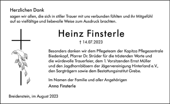 Traueranzeige von Heinz Finsterle von Hinterländer Anzeiger