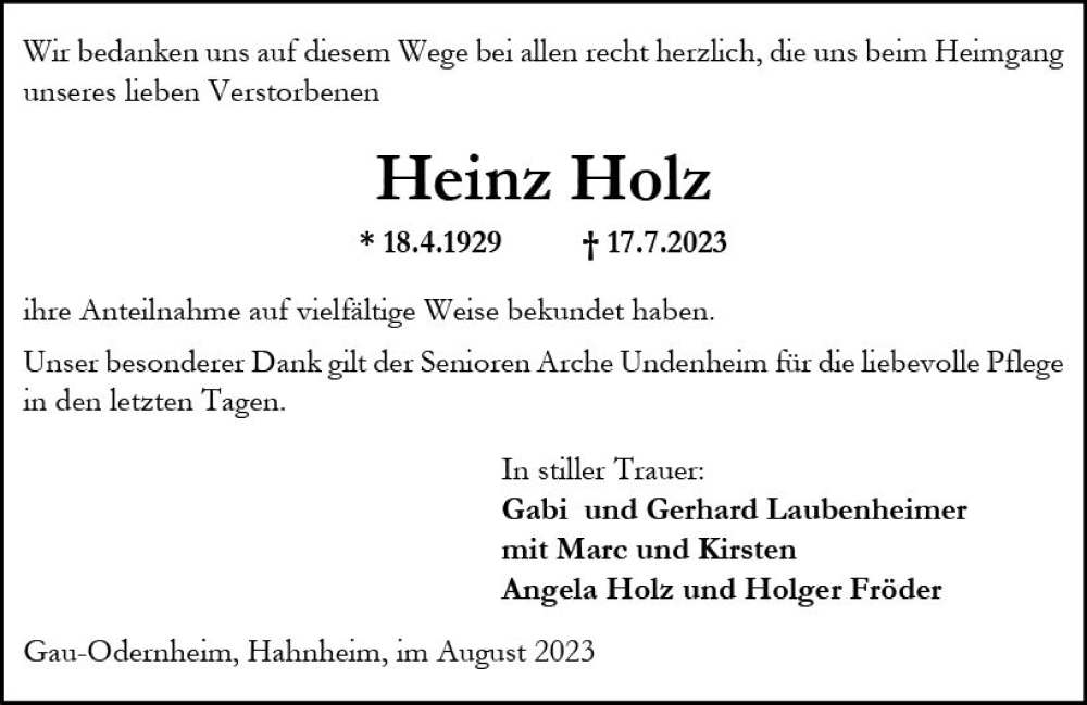  Traueranzeige für Heinz Holz vom 19.08.2023 aus Allgemeine Zeitung Alzey