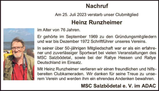 Traueranzeige von Heinz Runzheimer von Hinterländer Anzeiger