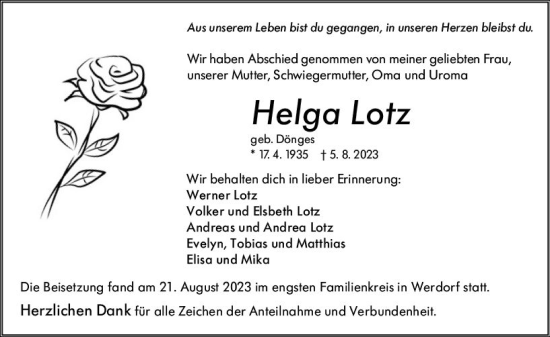 Traueranzeige von Helga Lotz von Wetzlarer Neue Zeitung