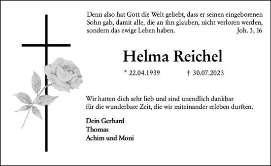 Traueranzeige von Helma Reichel von Hinterländer Anzeiger