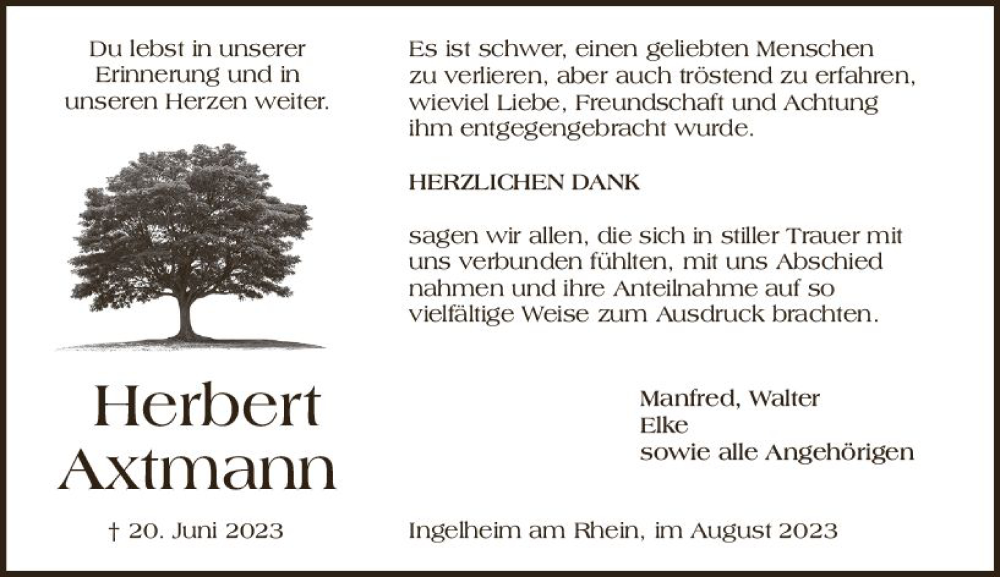  Traueranzeige für Herbert Axtmann vom 05.08.2023 aus Allgemeine Zeitung Bingen/Ingelheim
