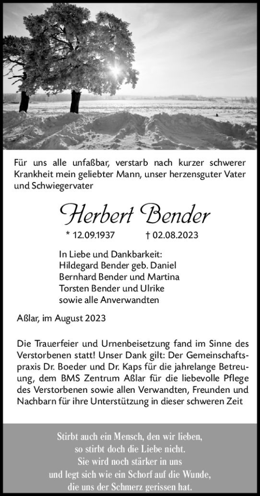 Traueranzeige von Herbert Bender von Wetzlarer Neue Zeitung
