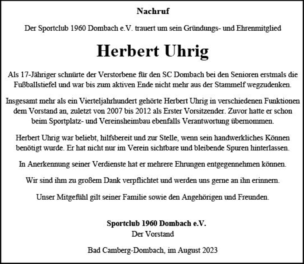  Traueranzeige für Herbert Uhrig vom 31.08.2023 aus Camberger Anzeiger