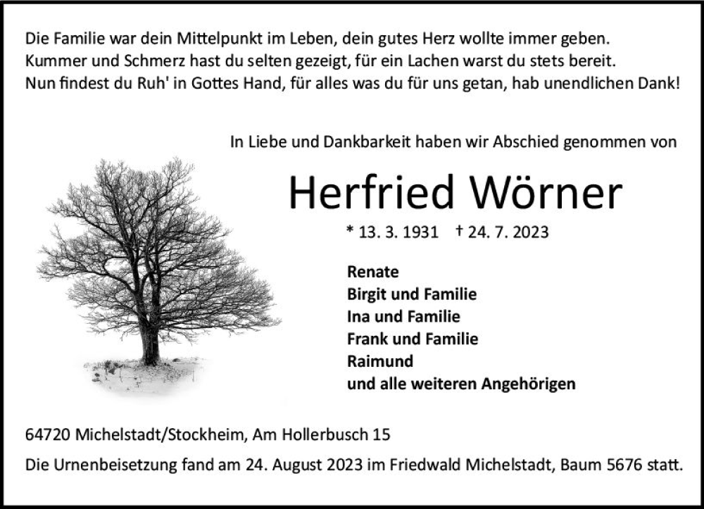  Traueranzeige für Herfried Wörner vom 26.08.2023 aus Odenwälder Echo
