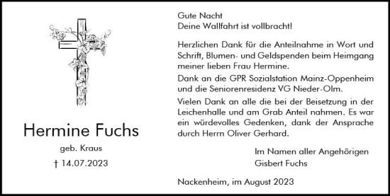 Traueranzeige von Hermine Fuchs von Allgemeine Zeitung Mainz