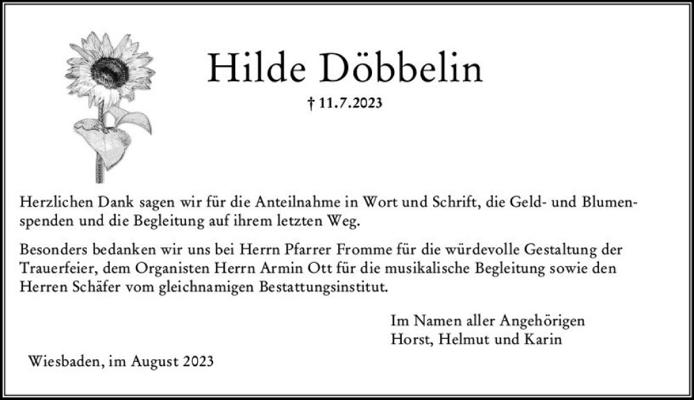  Traueranzeige für Hilde Döbbelin vom 19.08.2023 aus Wiesbadener Kurier