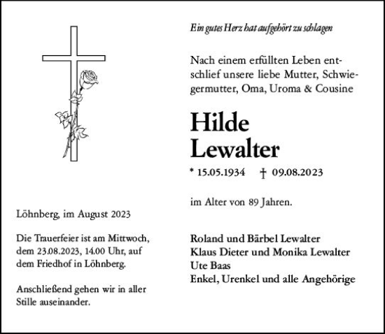 Traueranzeige von Hilde Lewalter von Weilburger Tageblatt