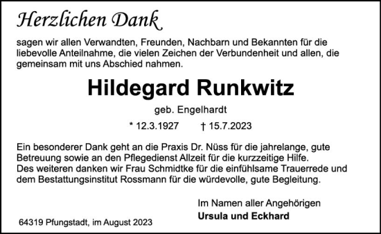 Traueranzeige von Hildegard Runkwitz von Darmstädter Echo