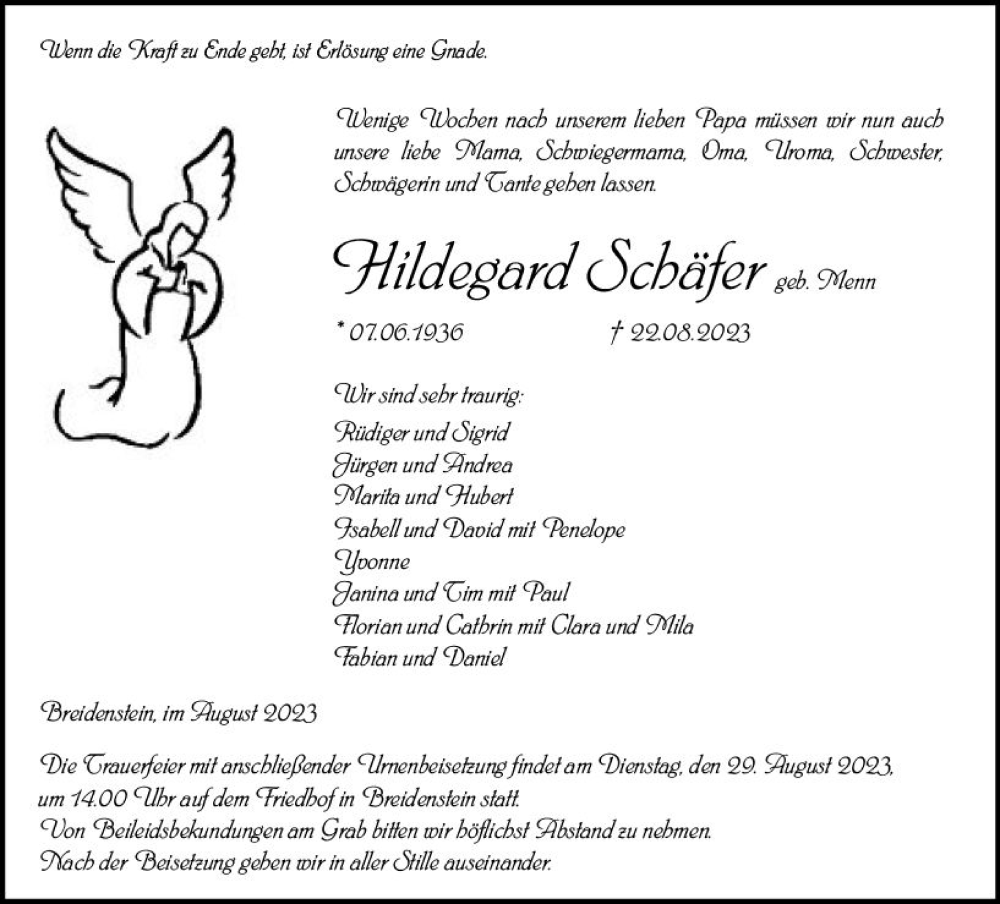  Traueranzeige für Hildegard Schäfer vom 25.08.2023 aus Hinterländer Anzeiger
