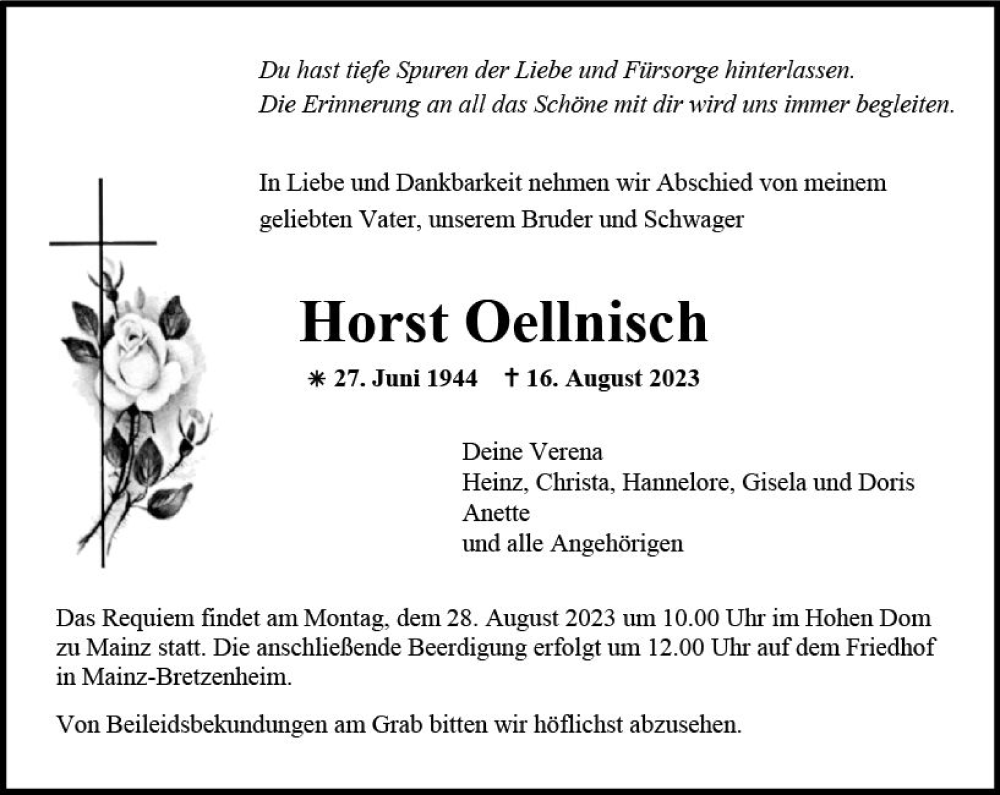  Traueranzeige für Horst Oellnisch vom 19.08.2023 aus Allgemeine Zeitung Mainz