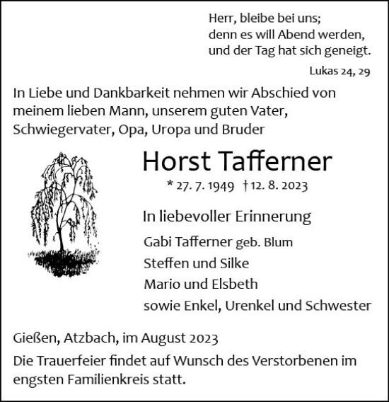 Traueranzeige von Horst Tafferner von Wetzlarer Neue Zeitung