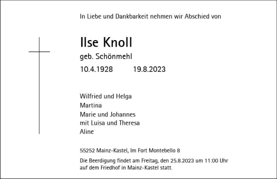 Traueranzeige von Ilse Knoll von Allgemeine Zeitung Mainz