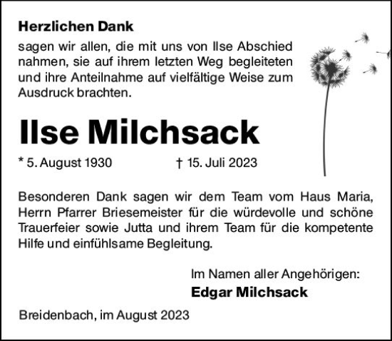 Traueranzeige von Ilse Milchsack von Hinterländer Anzeiger