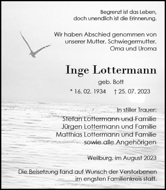 Traueranzeige von Inge Lottermann von Weilburger Tageblatt