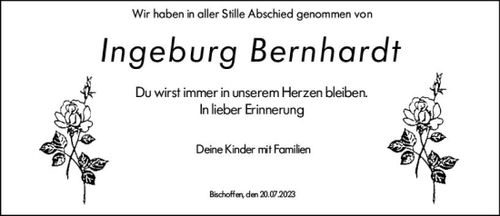 Traueranzeige von Ingeburg Bernhardt von Wetzlarer Neue Zeitung