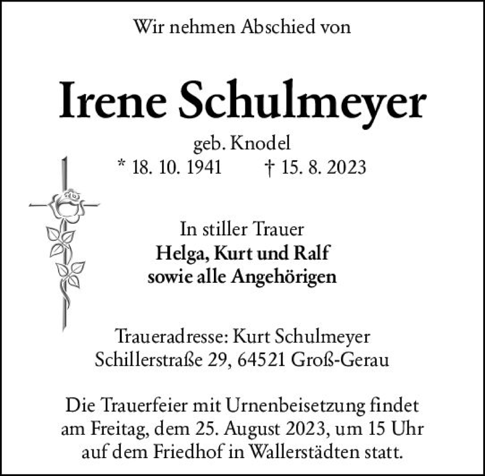  Traueranzeige für Irene Schulmeyer vom 19.08.2023 aus Groß-Gerauer Echo