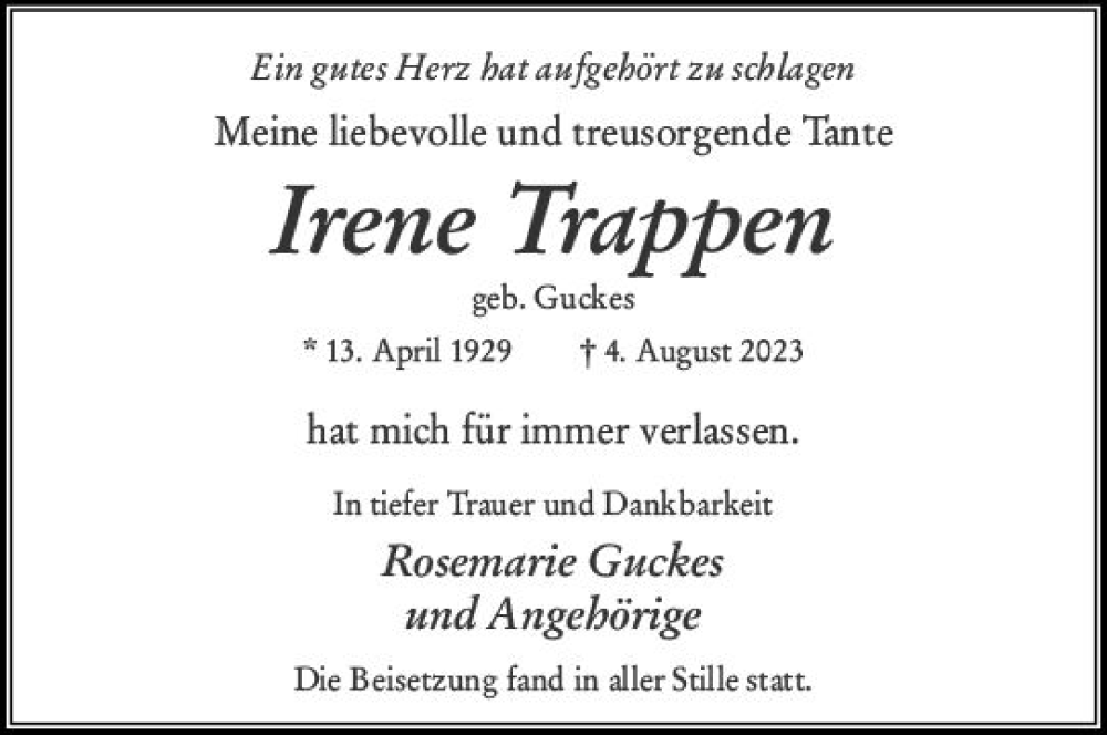  Traueranzeige für Irene Trappen vom 26.08.2023 aus Wiesbadener Kurier