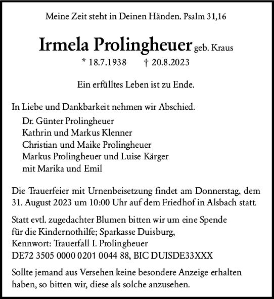  Traueranzeige für Irmela Prolingheuer vom 26.08.2023 aus Darmstädter Echo