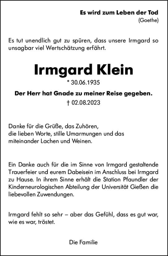 Traueranzeige von Irmgard Klein von Dill Block