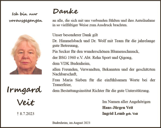Traueranzeige von Irmgard Veit von Allgemeine Zeitung Mainz