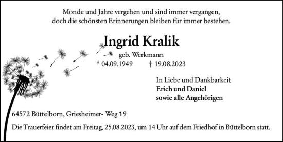 Traueranzeige von Jngrid Kralik von Groß-Gerauer Echo