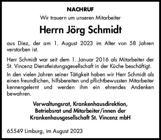 Traueranzeige von Jörg Schmidt von Nassauische Neue Presse