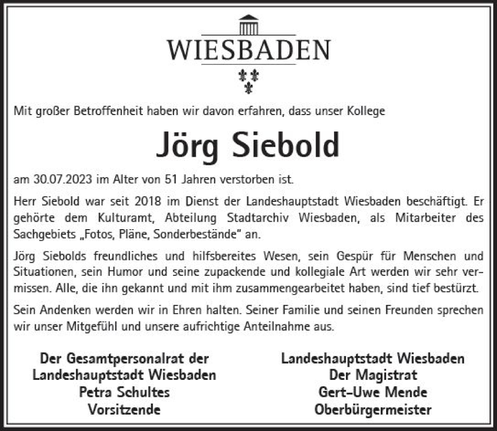  Traueranzeige für Jörg Siebold vom 15.08.2023 aus Wiesbadener Kurier