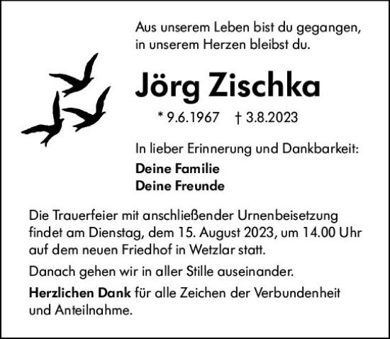 Traueranzeige von Jörg Zischka von Wetzlarer Neue Zeitung