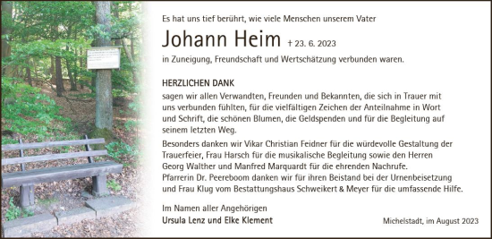 Traueranzeige von Johann Heim von Odenwälder Echo