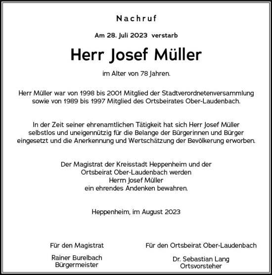 Traueranzeige von Josef Müller von Starkenburger Echo
