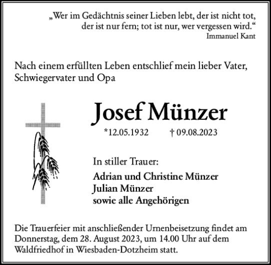 Traueranzeige von Josef Münzer von Wiesbadener Kurier