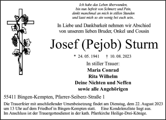Traueranzeige von Josef Sturm von Allgemeine Zeitung Bingen/Ingelheim