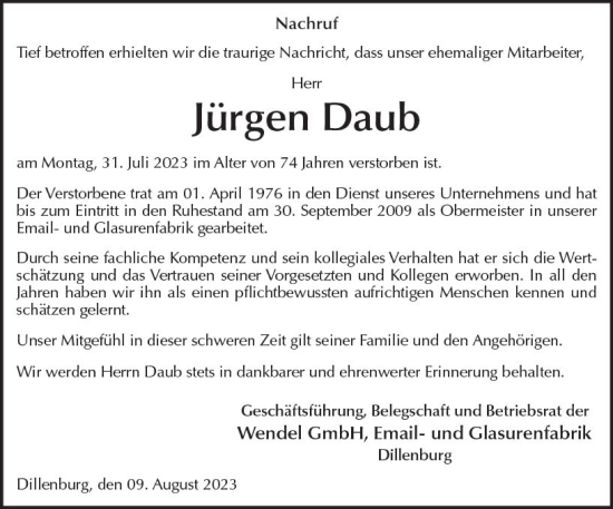Traueranzeige von Jürgen Daub von Dill Block