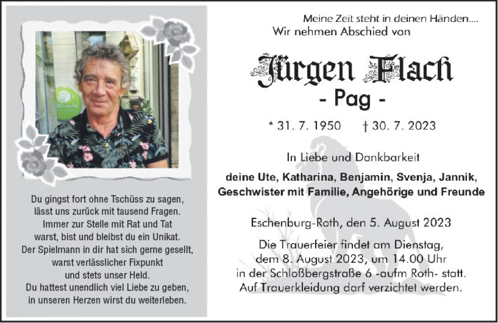  Traueranzeige für Jürgen Flach vom 05.08.2023 aus Dill Block