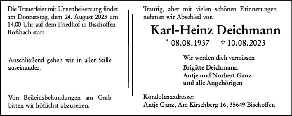  Traueranzeige für Karl-Heinz Deichman vom 22.08.2023 aus Wetzlarer Neue Zeitung
