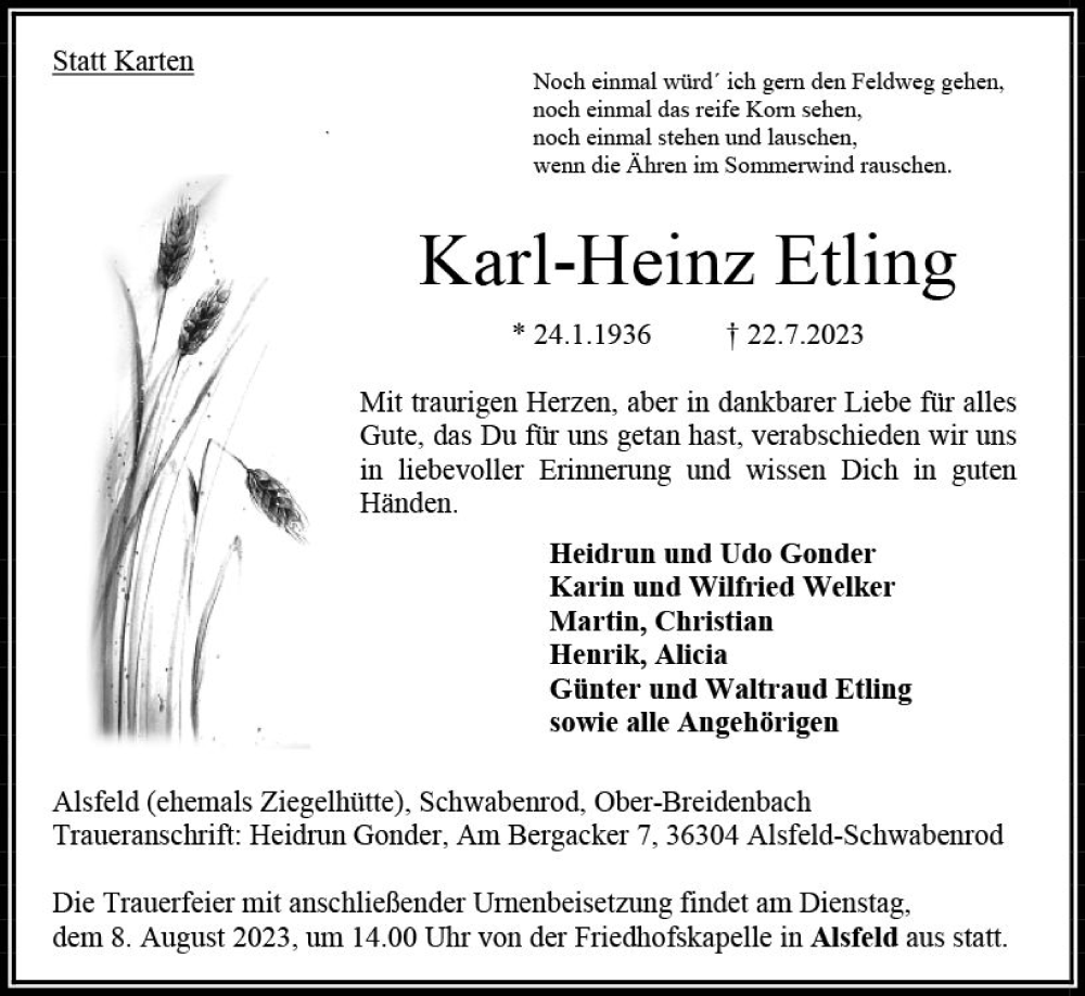  Traueranzeige für Karl-Heinz Etling vom 05.08.2023 aus Oberhessen Kurier