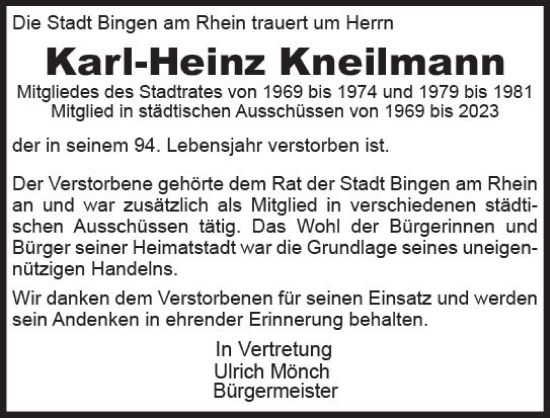 Traueranzeige von Karl-Heinz Kneilmann von Allgemeine Zeitung Bingen/Ingelheim