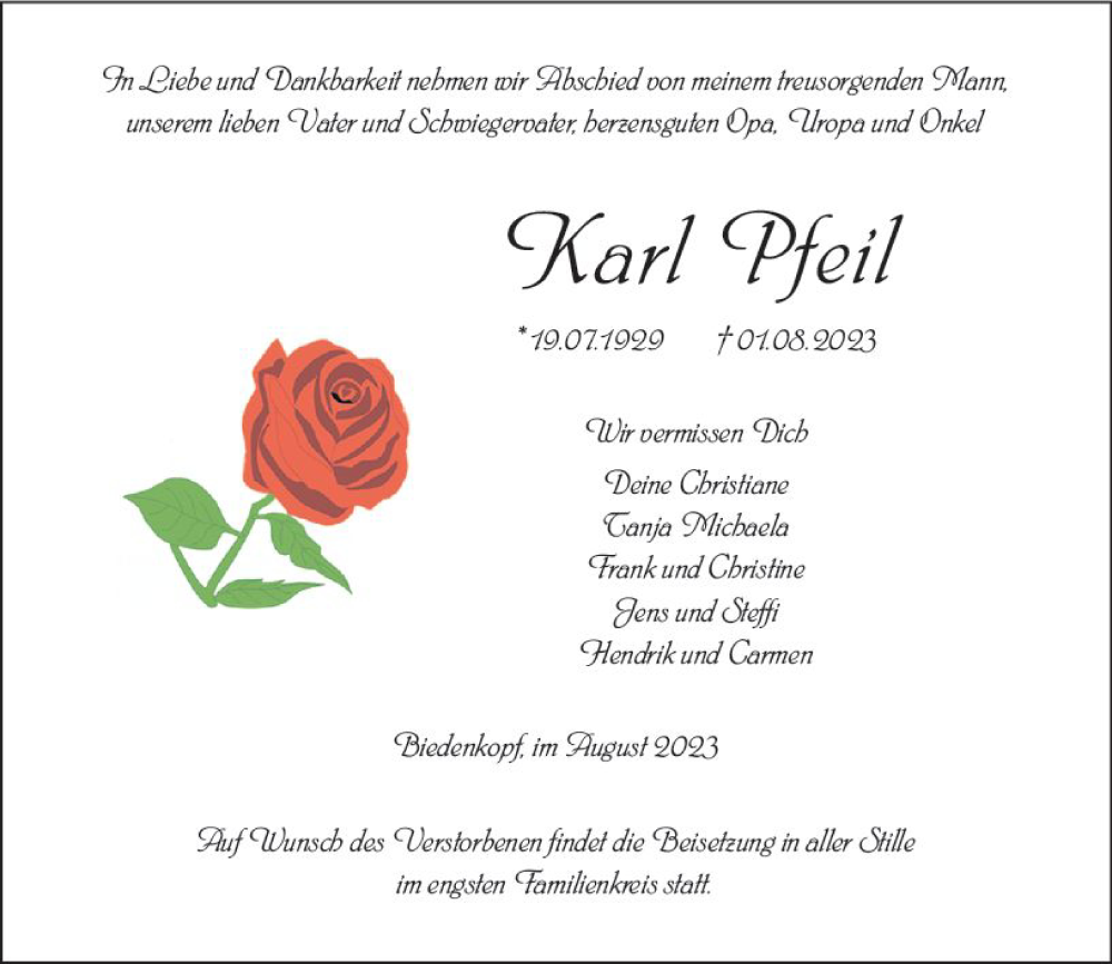  Traueranzeige für Karl Pfeil vom 05.08.2023 aus Hinterländer Anzeiger
