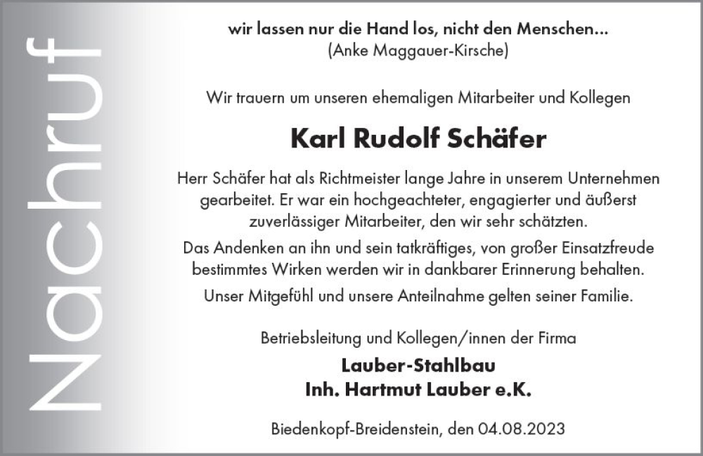  Traueranzeige für Karl-Rudolf Schäfer vom 04.08.2023 aus Hinterländer Anzeiger