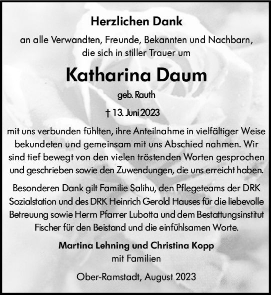  Traueranzeige für Katharina Daum vom 26.08.2023 aus Darmstädter Echo
