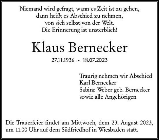 Traueranzeige von Klaus Bernecker von Wiesbadener Kurier