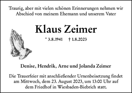 Traueranzeige von Klaus Zeimer von Wiesbadener Kurier