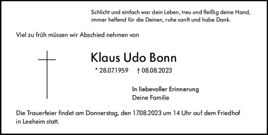 Traueranzeige von Klaus Udo Bonn von Groß-Gerauer Echo