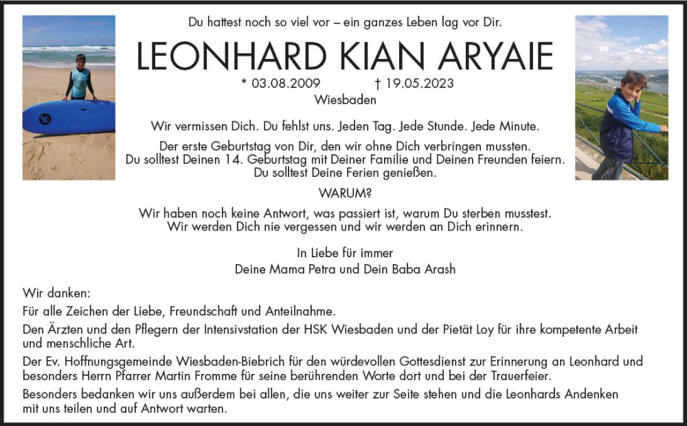  Traueranzeige für Leonhard Kian Aryaie vom 05.08.2023 aus Wiesbadener Kurier
