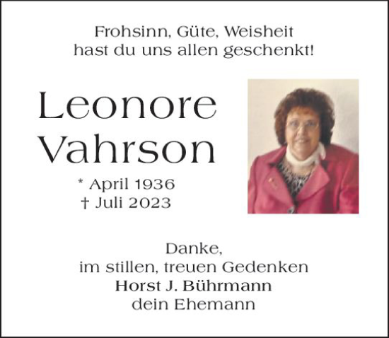 Traueranzeige von Leonore Vahrson von Wetzlarer Neue Zeitung