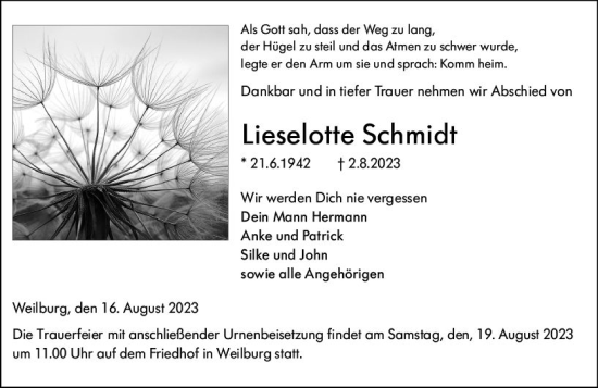 Traueranzeige von Lieselotte Schmidt von Weilburger Tageblatt