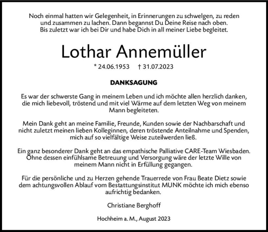 Traueranzeige von Lothar Annemüller von Hochheimer Zeitung