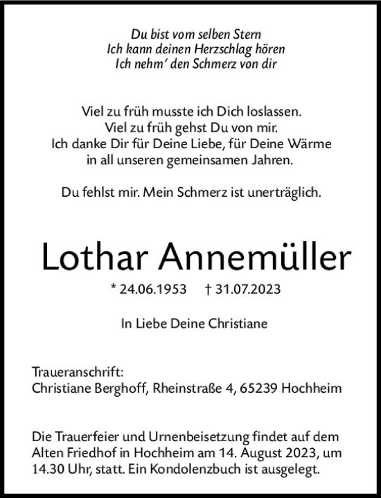 Traueranzeige von Lothar Annemüller von Hochheimer Zeitung